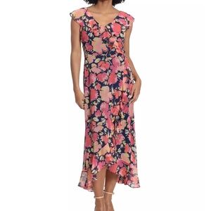 London Times Women's Chiffon Faux Wrap Ruffle Maxi Dress Size 8P